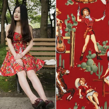 

Red color restoring ancient ways is twill printed poplin western girl DIY craft fabric exports the United States dress fabric