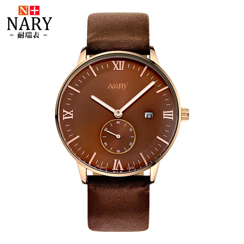 NARY Brand Fashion Men Watch Genuine Leather Strap Luminous hands WristWatch Retro Roman numerals Quartz Watch