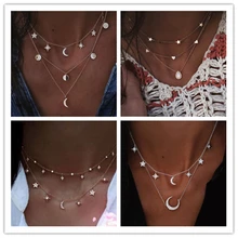 Винтажное многослойное золотое ожерелье для женщин, модное ожерелье с подвеской в виде Луны и звезды, ожерелье на цепочке с кристаллами и колье в стиле бохо, ювелирное изделие