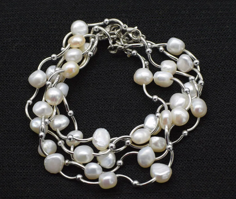 

5pcs freshwater pearl white baroque 7-8mm bracelet 7.5inch FPPJ wholesale beads nature