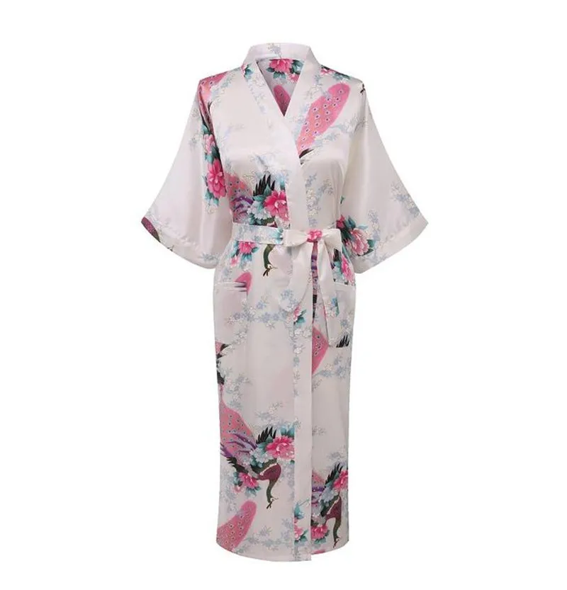 Светло-голубой шелковый халат из искусственного шелка платье для женщин для свадьбы, невесты, подружки невесты халат ночная рубашка ночное белье цветочное кимоно плюс размер 3XL YF3030 - Цвет: white