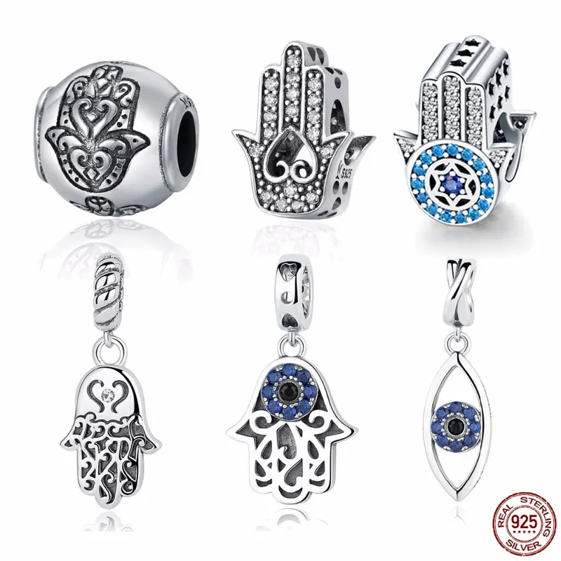 925 Sterling Silver Charm Blue Eye Lucky Fatima Hand Hamsa Hand Eye Pendant Charm fit PAN Charm Bracelet Silver 925 Jewelry