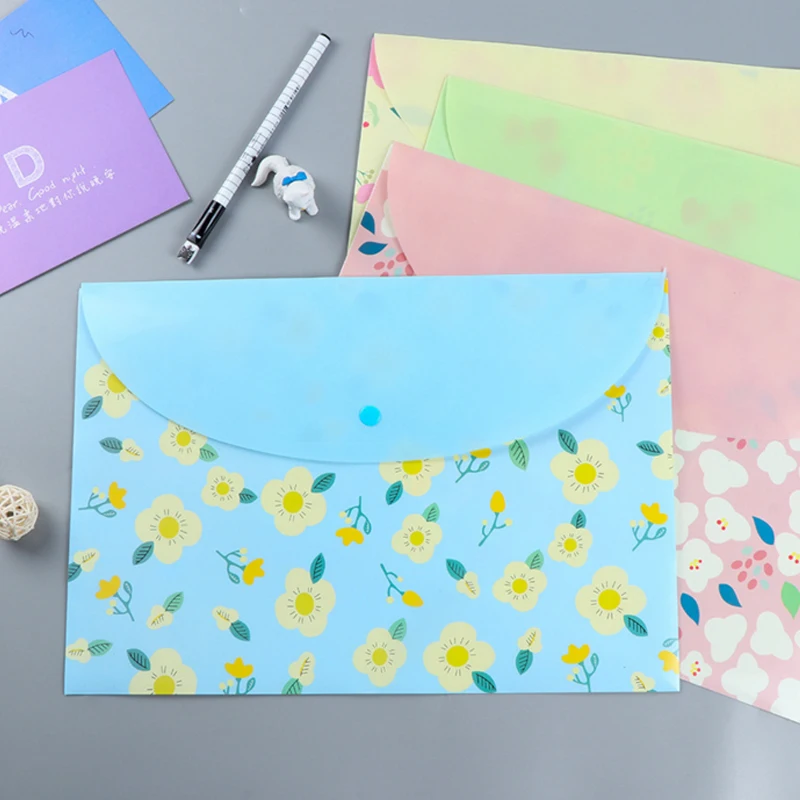 

4 Pcs/Lot New Stationery Colorful Flowers Button Type A4 Envelope High Quality Document Bags File Folder School Office Supplies