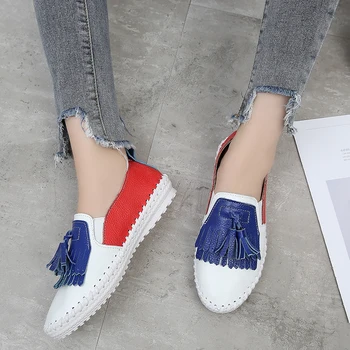 

mixed colors tassel small white shoes women real leather all-match loafers slip on espadrilles woman casual flats shoes 2019