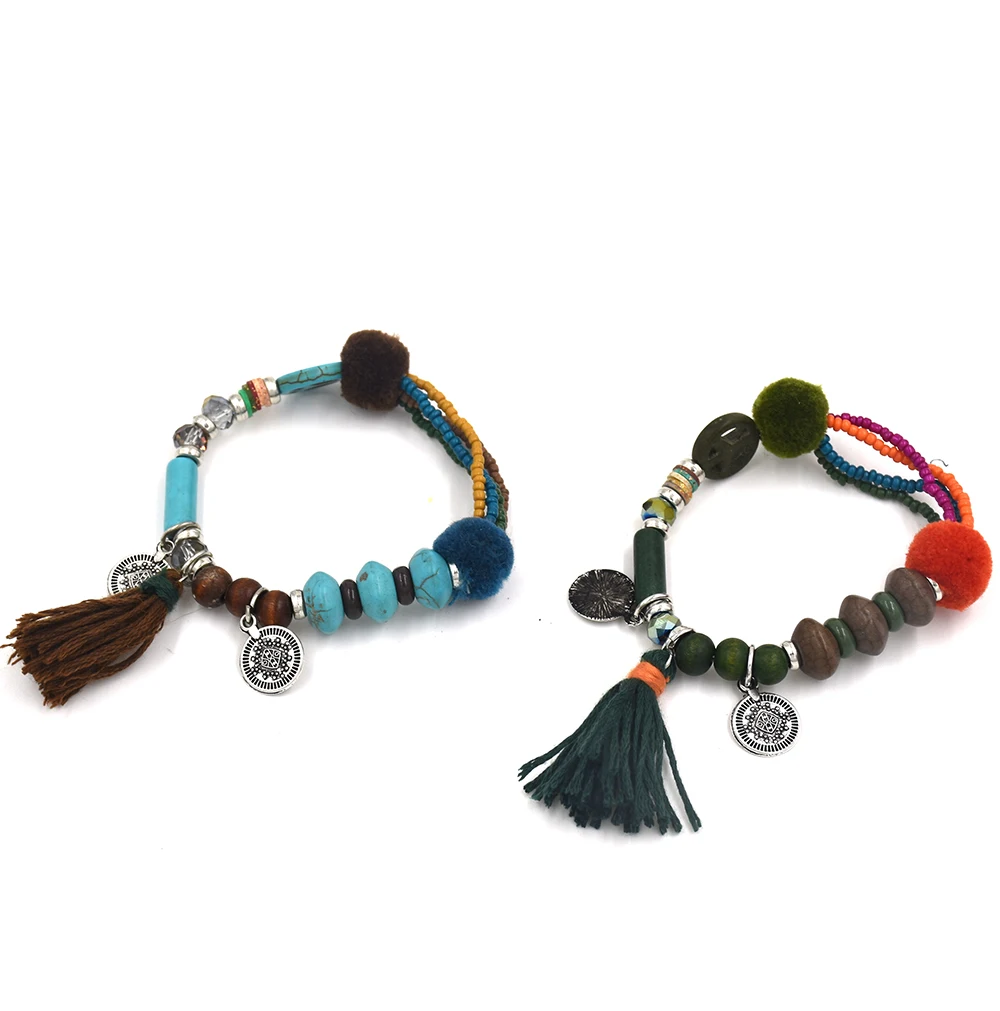 Handmade Bohemia jewelry friendship bracelets leather tassel charm bracelets Pompons Pompoms ball colorful beads Bracelets
