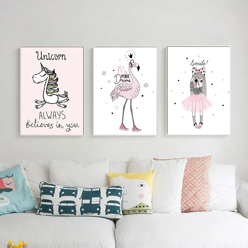 Kawaii Girl Unicorn Flamingo Cartoon Canvas Poster Wall Art Print Kid Room Decor 