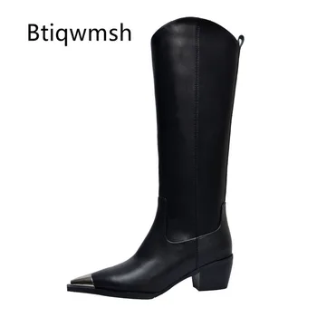 

2019 Fashion Knee High Boots Women Metal Pointed Toe Embroidery Square High Heels Boots Woman Knight Boots Femme