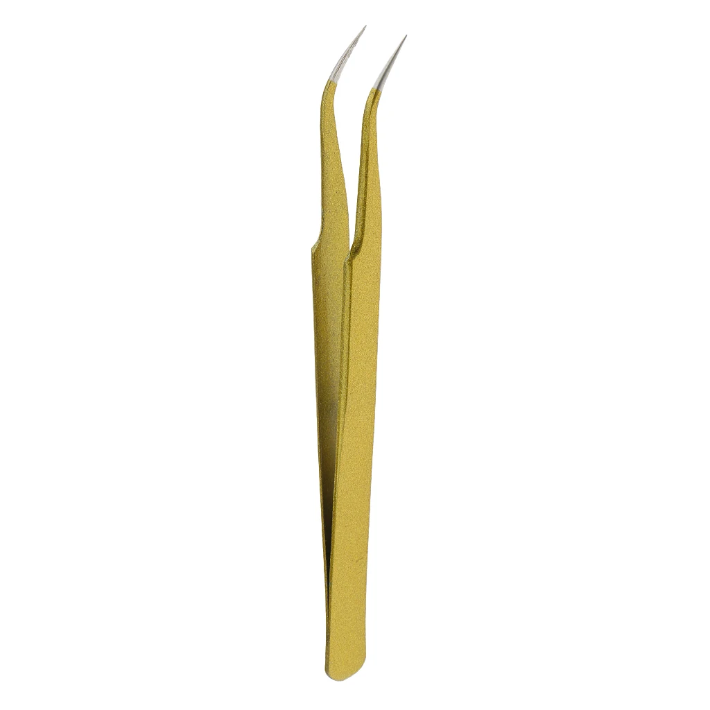 Professional Stainless Steel False Eyelash Extension Tweezers Curved Head Gold Beauty Makeup Tool