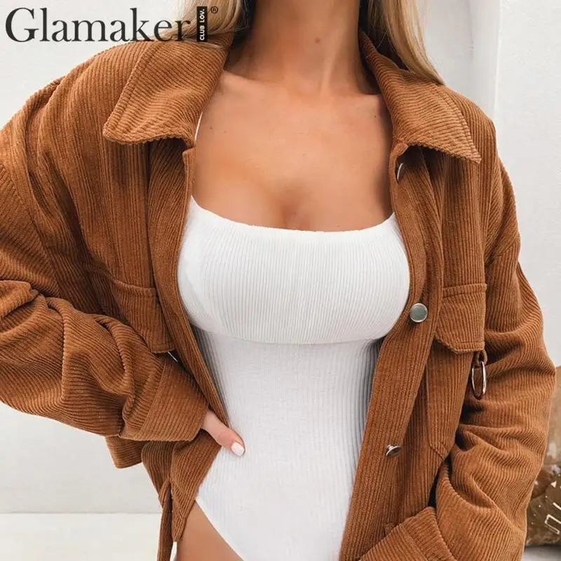 

Glamaker Casual warm corduroy belt coat Women autumn khaki pocket soft overcoat Ladies black streetwear 2019 sexy short jacket