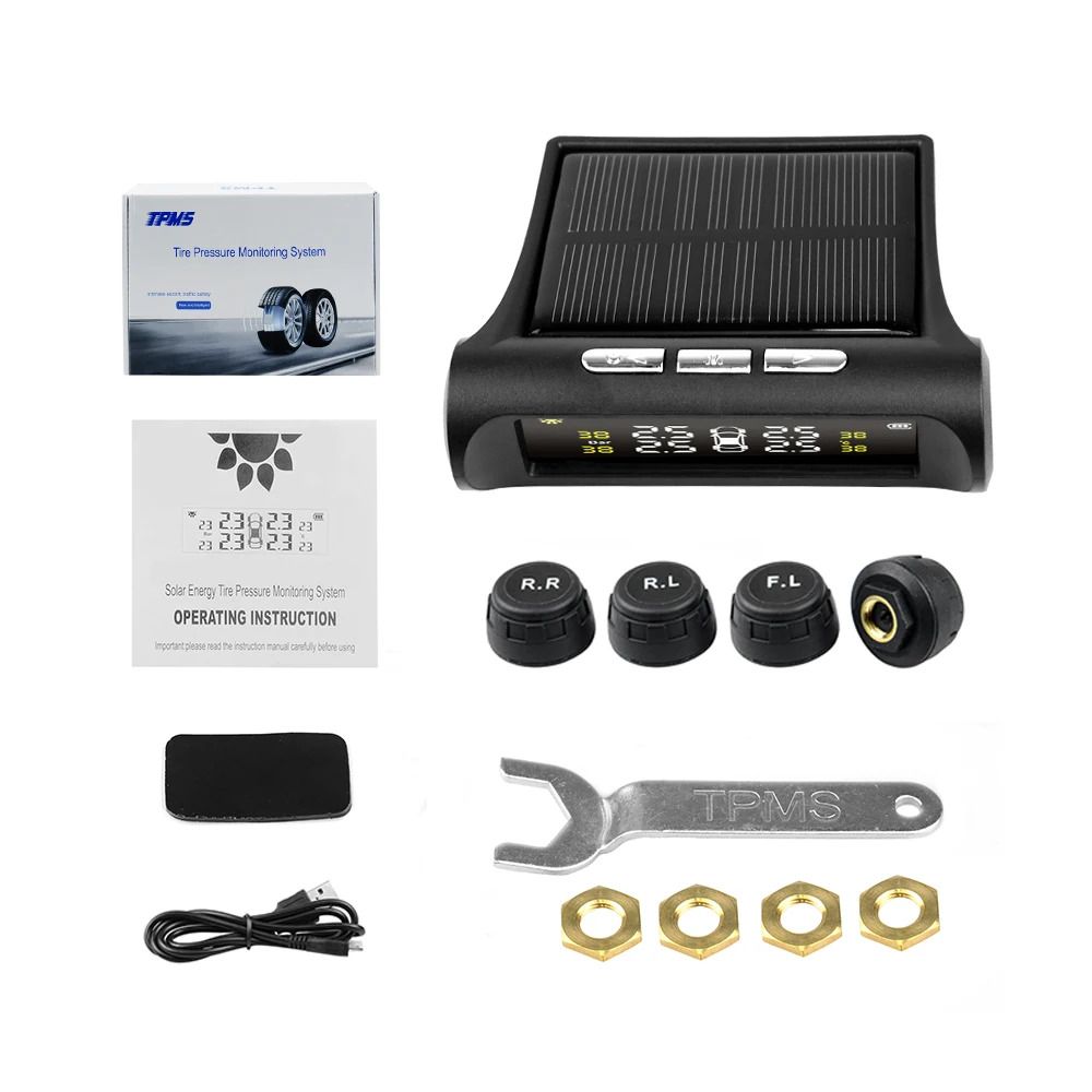 TPMS Car Tire Pressure Solar Power USB Monitoring System LCD Display 4 External Sensors Temperature Warning