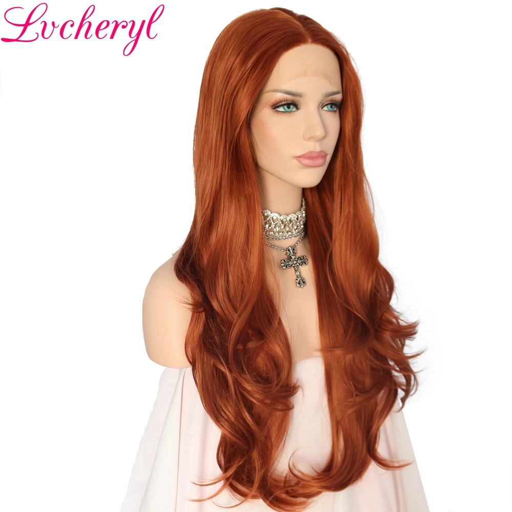 Lvcheryl оранжевый медный красный цвет натуральный полностью волосы длинные волнистые термостойкие волокна Glueless синтетические парики на кружеве для женщин