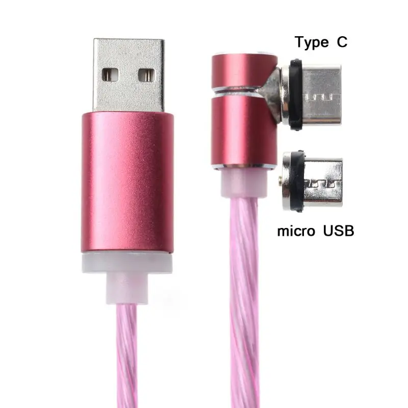 

90 Degree LED Glowing Flow Magnetic Micro USB Type C Charging Cable for Samsung Xiaomi Huawei Android Smart Phone