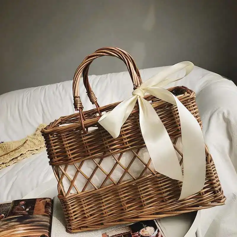 Wicker Storage Basket Women Handbag Summer Holiday Beach Bag Rattan Woven Knitted Straw Large Capacity Totes Shoulder Bag Bohemi