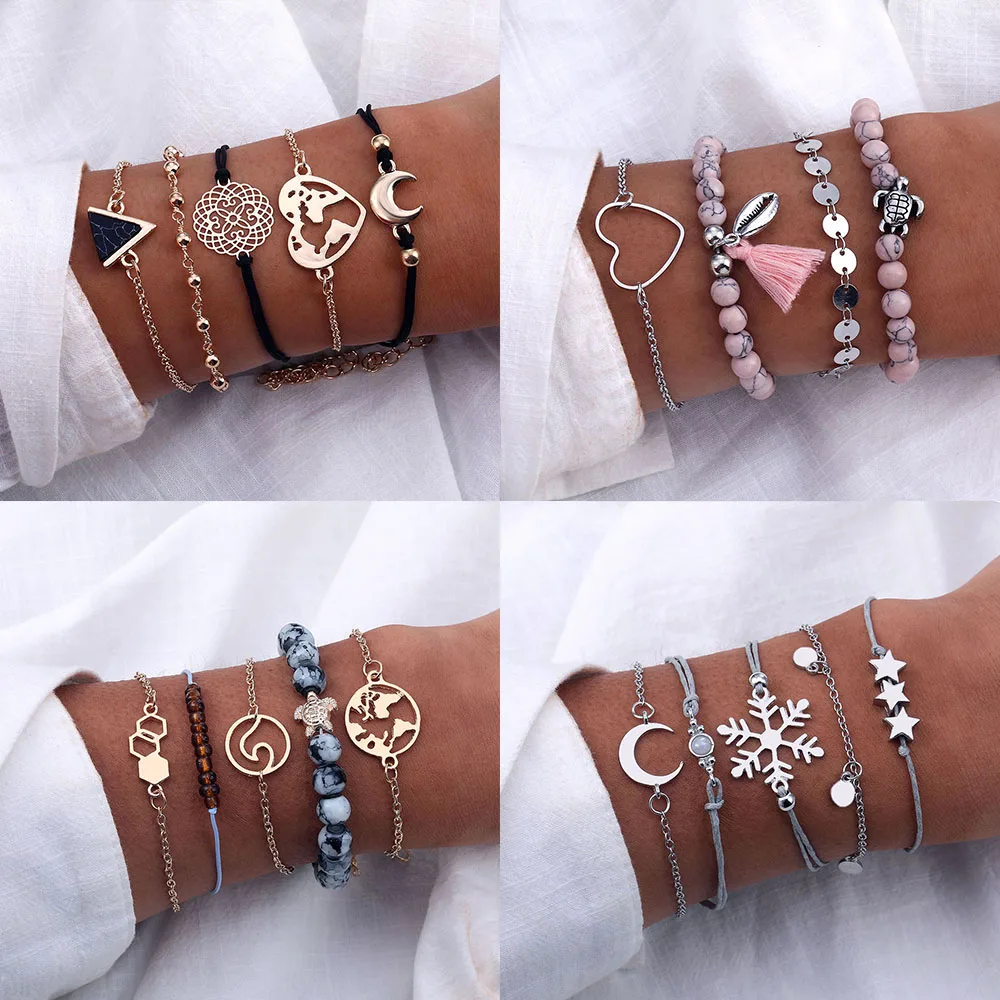 

FAMSHIN 9 Styles Bohemia Heart Rope Chain Bracelets Set Letters Love Pineapple Shell Bracelet & Bangle Jewelry Gift for Friends