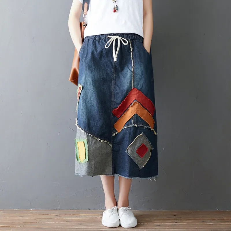 

4xl 3xl New Harajuku Casual Hippie Boho Ethnic Skirts moir girl Vintage Retro Patchwork Denim Blue Jeans Cotton Women Skirt