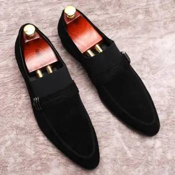 

Suede Leather mens wedding flats shoes 2018 spring pointed toe male prom party formal suits tuxedo shoes oxfords slip on mujers