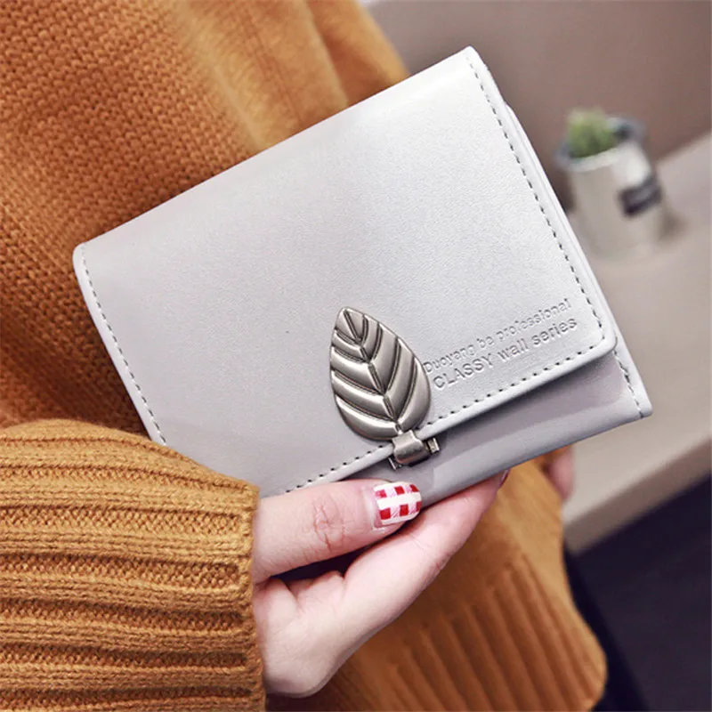 Korean Cute Leaf Botany Anime Leather Trifold Slim Mini Wallet Women