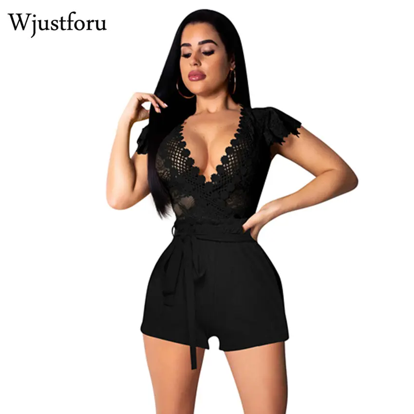 Wjustforu الأزياء عارضة الدانتيل Playsuit المرأة الصيف Bodycon الأزهار قصيرة بذلة الإناث قصيرة الأكمام ضمادة ارتداءها Vestidos