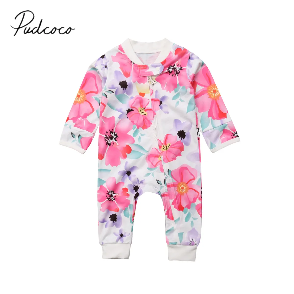 

2018 Brand New Newborn Infant Baby Girls Boys Watercolor Flowers Jumpsuit Flower Print Long Sleeve Zipper Playsuit Outfit 0-24M