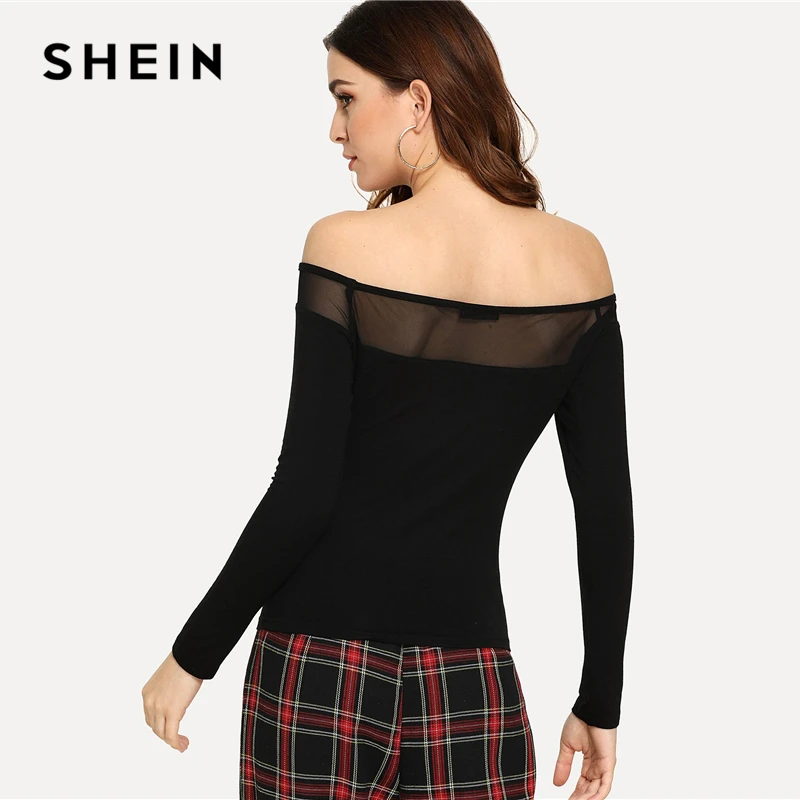 SHEIN черная элегантная Офисная Женская футболка с открытыми плечами, с сеткой, контрастная, с длинным рукавом, однотонная, сексуальная,, осенняя рабочая одежда, женская футболка, Топ