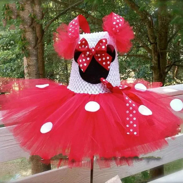 Girls Pink Mickey Tutu Dress Baby Crochet Tulle Dress with White Dots and Hairbow Kids Birthday Party Cartoon Cosplay girls dress