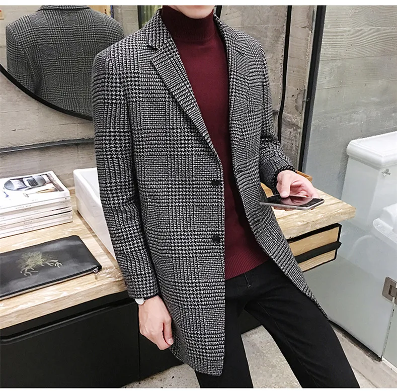 AILOOGE Новое мужское повседневное клетчатое шерстяное пальто модное Трендовое длинное пальто куртка брендовая одежда