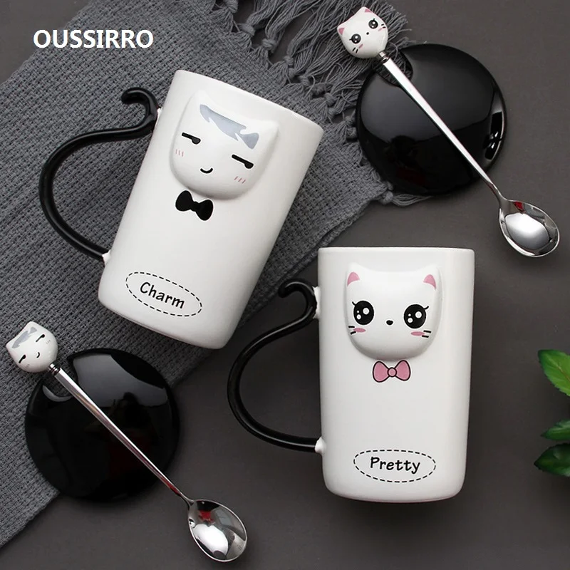 

OUSSIRRO Couple ceramic Mug Creative Cartoon mugs Large capacity milk cup Present Coffee cup Gift Box