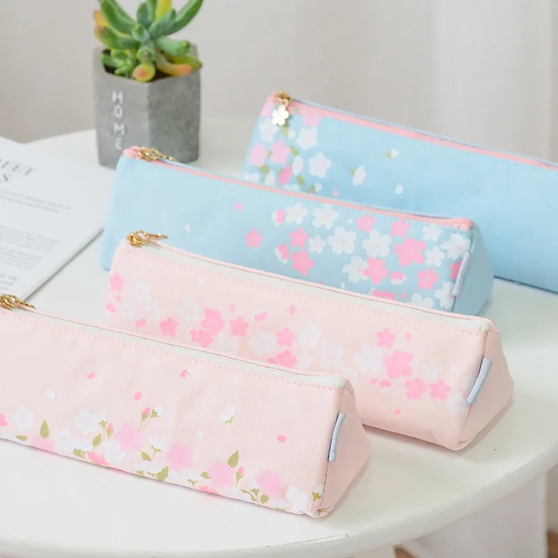 

Fabric zipper pencil bag triangle shaped cherry blossom Pencil case student stationery
