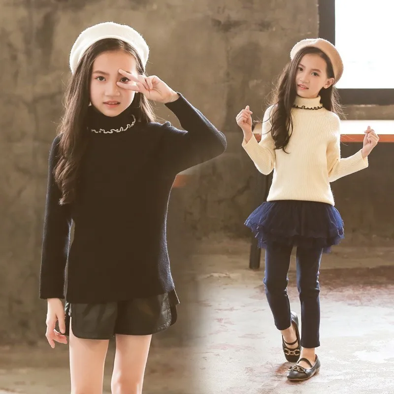 High Neck Knitted Autumn Winter Girls Sweaters Little Kids Clothing ...