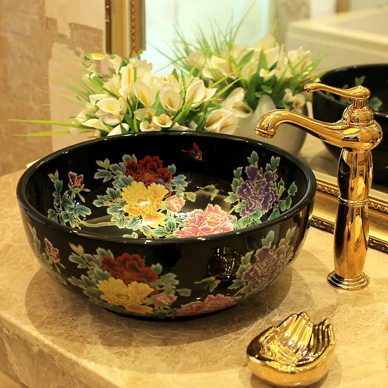 chinese peony painting Ceramic Washing Basin Counter top Bathroom Sink hand painted vessel sink (2)
