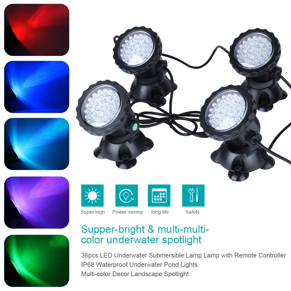 

Waterproof IP 68 Submersible Spotlight with 36-LED Bulbs 2.5W Multi-Color Spot Light for Aquarium Garden Underwater Light