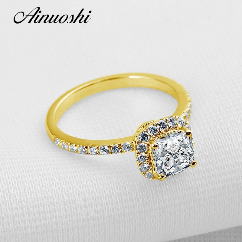 

AINUOSHI 14K Square Halo Ring 14K Solid Yellow Gold Pave Setting Princess Cut Simulated Diamond Women Wedding Engagement Ring