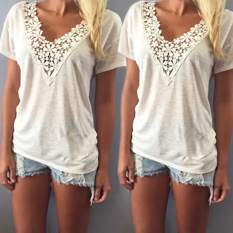 

Women Ladies Loose Short Sleeves Cotton Casual Blouse V-Neck Hollow Out Shirt Tops Summer Clothes