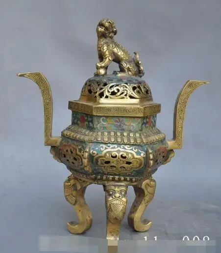 

S01014 12" Chinese Bronze cloisonne enamel Flower Foo Dog lion statue incense burner B0403