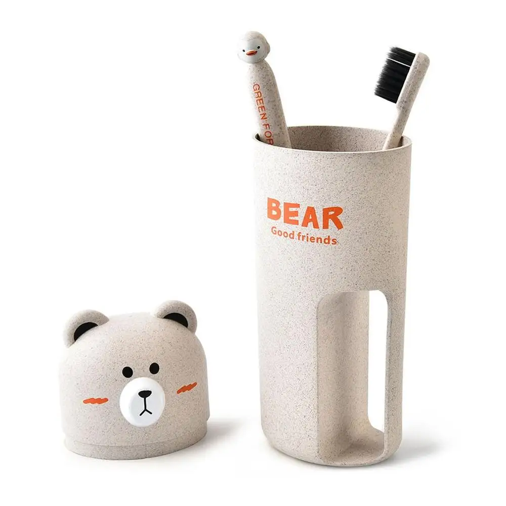 Творческий мультфильм медведь зубная щетка Чехол Набор Зубная паста держатель портативный мыть Организатор чашки с 2 шт - Цвет: Beige