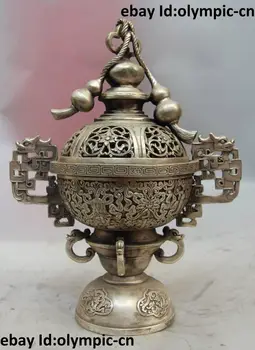 

11" China Tibet Silver Bottle Gourd Eight treasures Incense Burner Censer Statue
