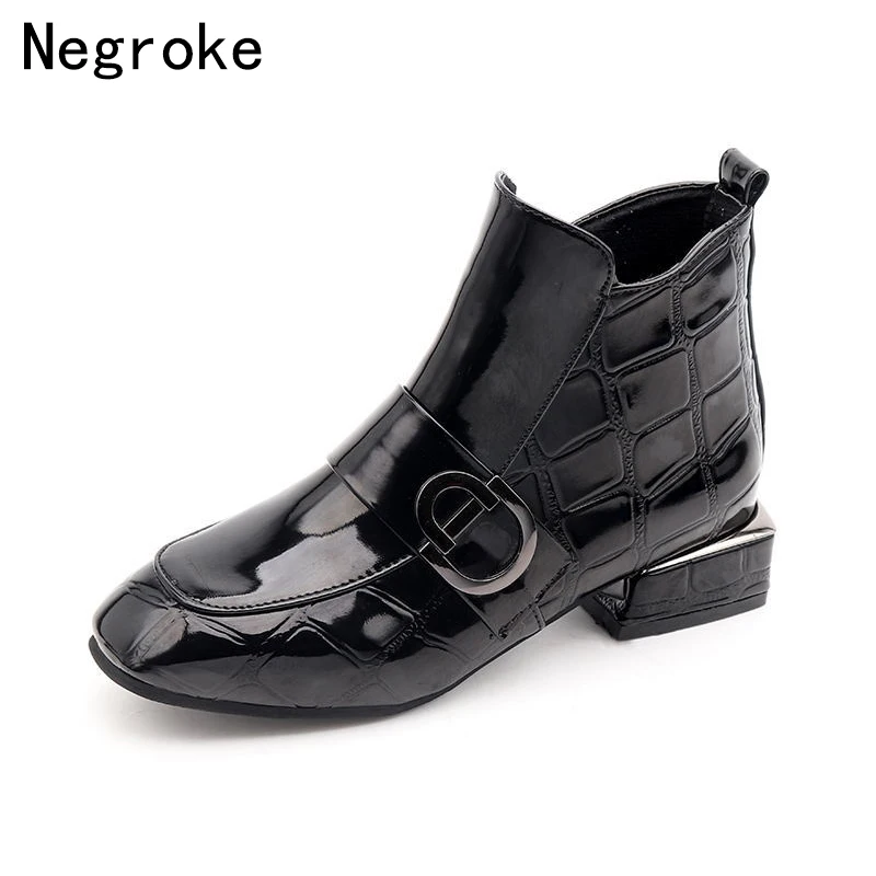 

2019 Designer Zapatos Mujer Winter Boots Women Low Heel Shoes Woman Shiny PU Leather Botines Femme Ankle Boots Botas Femininas