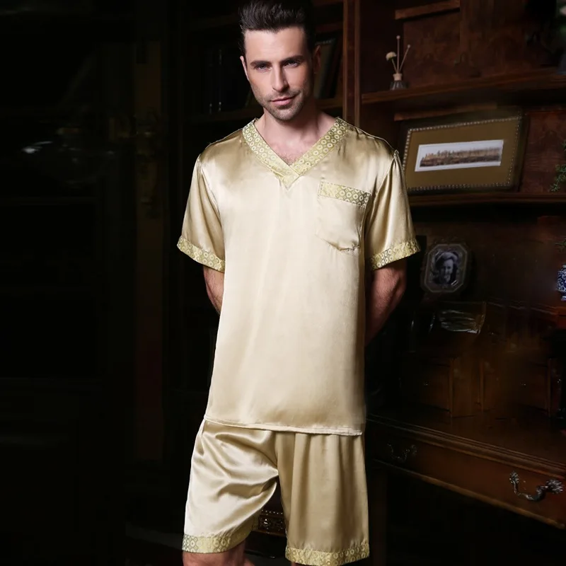 Genuine Silk Pajamas Male Summer Short-Sleeve Shorts Two-Piece Pyjama Sets Sexy V-Neck Silkworm Silk Men's Sleepwear 2612