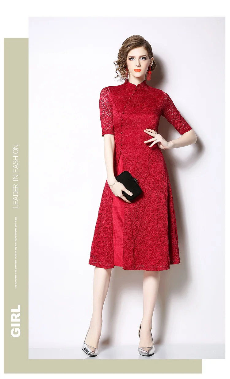 Willstage 3XL плюс размер платье кружева пэчворк один воротник до груди cheongsam красные платья винтажные элегантные вечерние летние платья