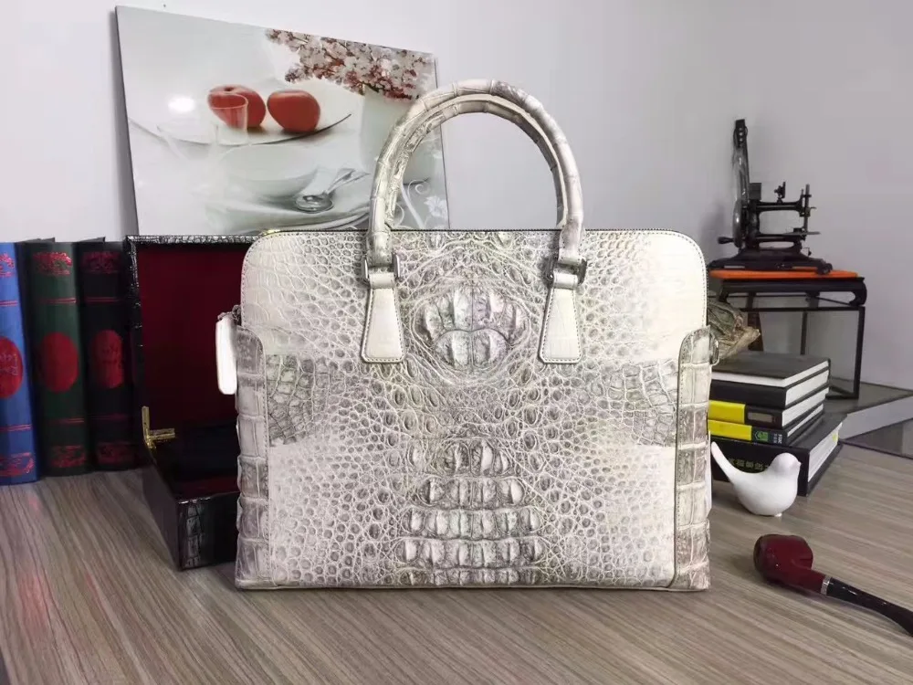 100 genuine crocodile leather men business laptop bag Himalaya white 2017 men crocodile belly skin men