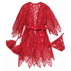 2019 Women Sexy Lace Lingerie Robe Sets Black Red with Bra and Shorts Sleepwear Transparent Hollow Out Bathrobes Nightgown 2019 Women Sexy Lace Lingerie Robe Sets Black Red with Bra and Shorts Sleepwear Transparent Hollow Out Bathrobes Nightgown
