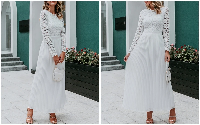 BeAvant Elegant white lace dress women O neck pleated embroidery plus size long dresses Autumn winter ladies party vestidos