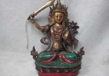 

USPS to USA S0232 Tibet Bronze Gilt inlay coral turquoise Manjusri GuanYin Kwan-yin Goddess Buddha