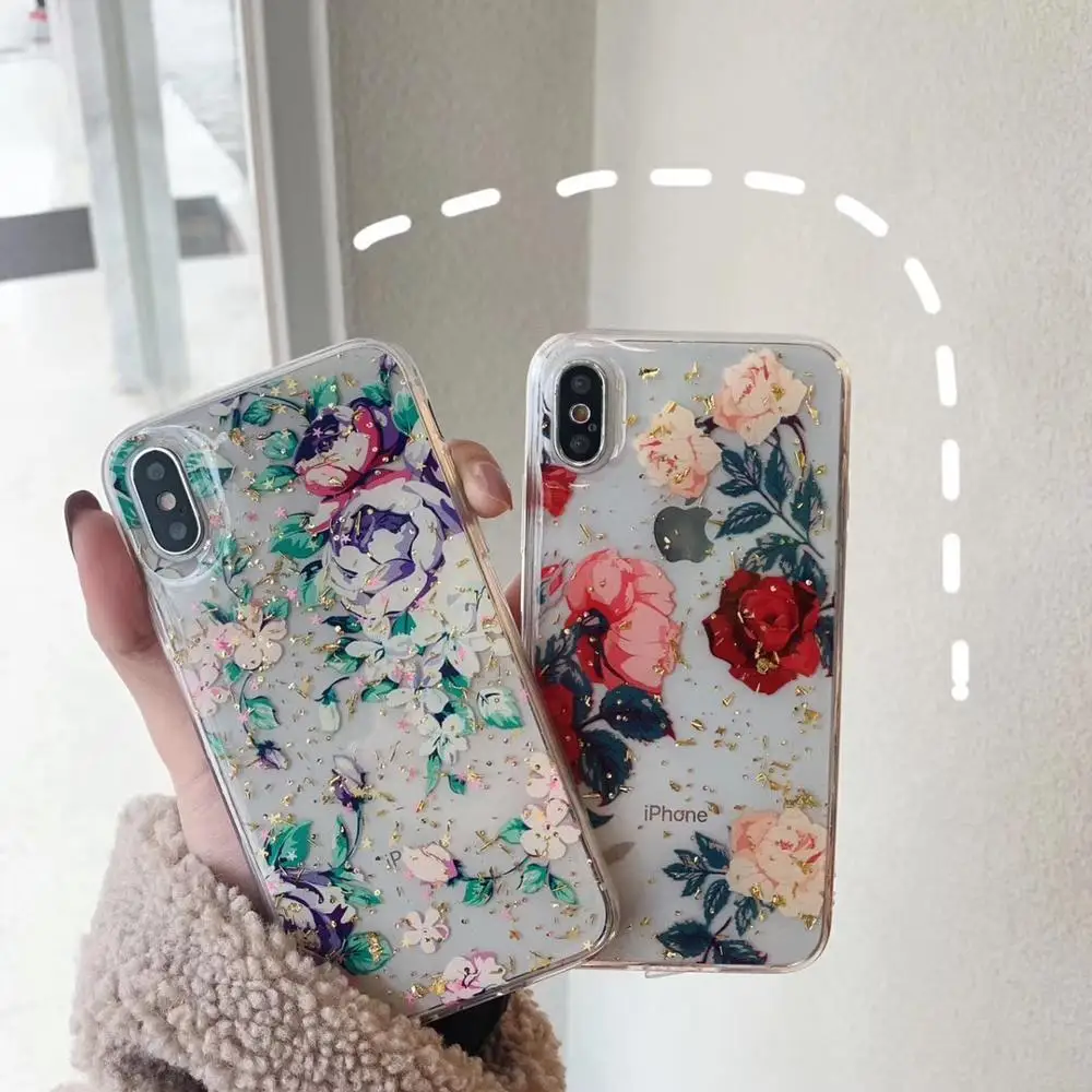 

Phone Case for iPhone6 6 Plus 7 7 Plus 8 8 Plus X XS XR XS Max Luxury Flower Gold Foil tpu Case