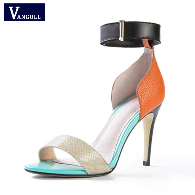 

Vangull Mix Color Ankle-Strap Real Leather Women Sandals Supper High Heel Women Shoes Fashion Ladies Casual Party Summer Shoes