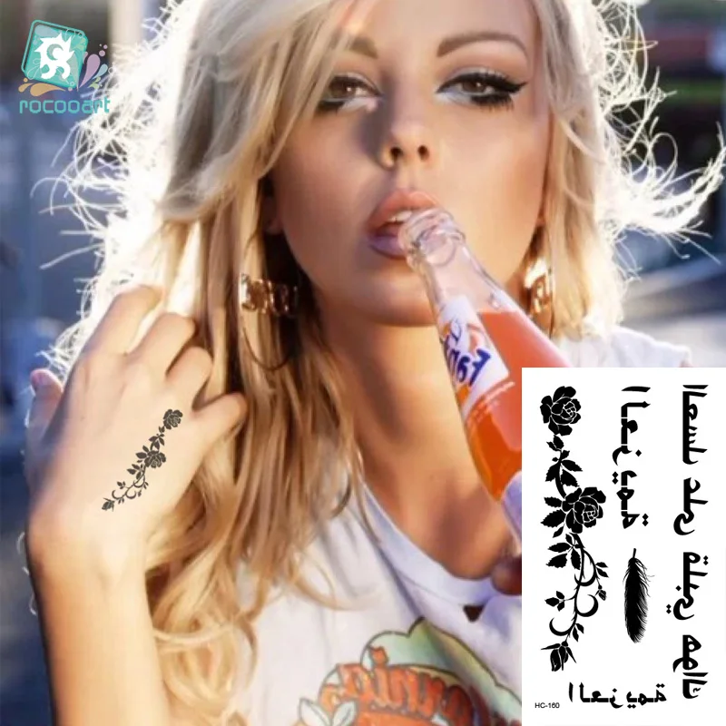 

Rocooart HC1160 Waterproof Fake Tattoo Styling Tools Stickers Women Black Rose Feather Arabic Temporary Tattoos Body Art Tattoo