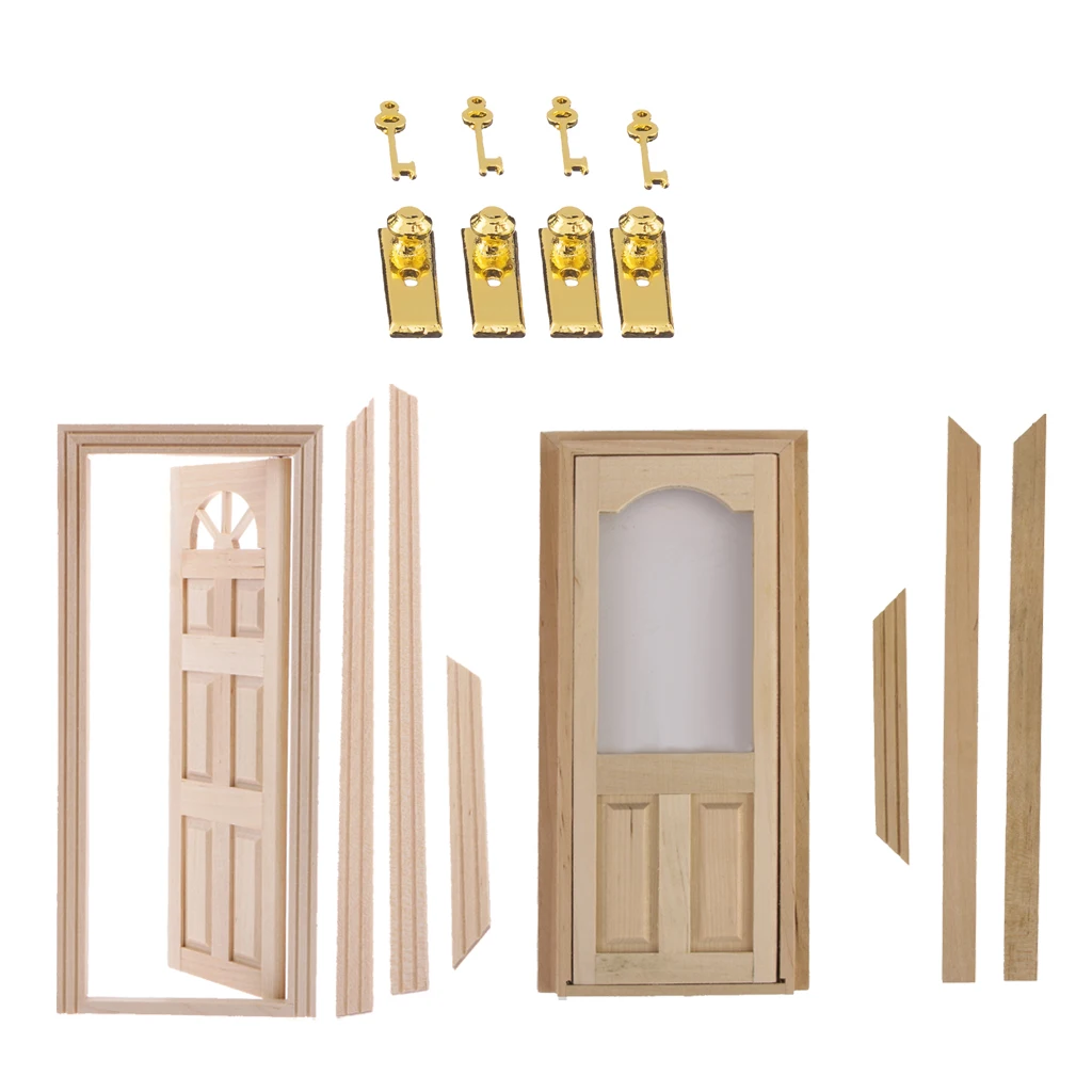 1/12 Doll House Miniatures Wooden Door Set Unpainted & Metal Door Lock With Keys
