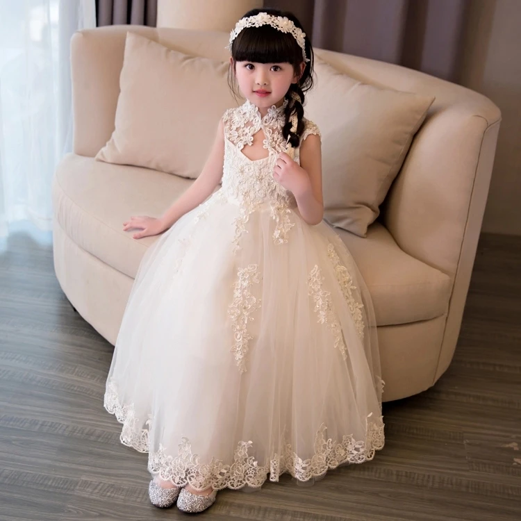 

Elegant Girls Sequin Wedding Dress White Lace High Collar Party Princess Birthday Dress First Communion Gown for Girls