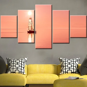 

Home Decor Frame Canvas Pictures HD Prints 5 Pieces Seascape Poster Sailboat Sailling On Ocean Sunset Red Dusk Painting Wall Art