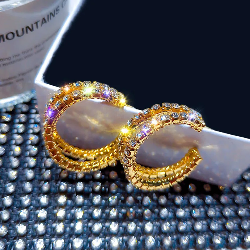 

Luxury Gold C Shape Statement Rhinestone Hoop Earrings For Women Trendy Party Crystal Hanging Earrings Elegant Bridal Earrings